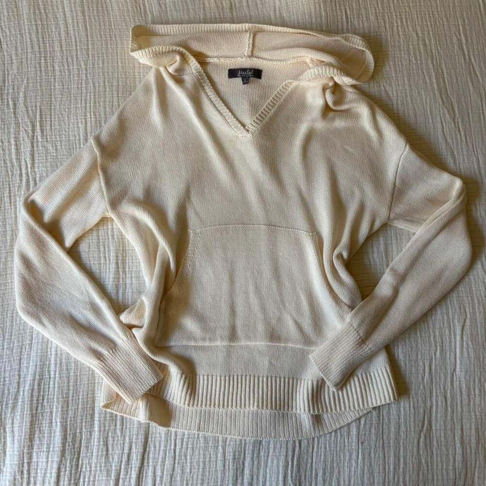 Marled Reunited Clothing V-Neck Knit Hoodie Sweater Cream